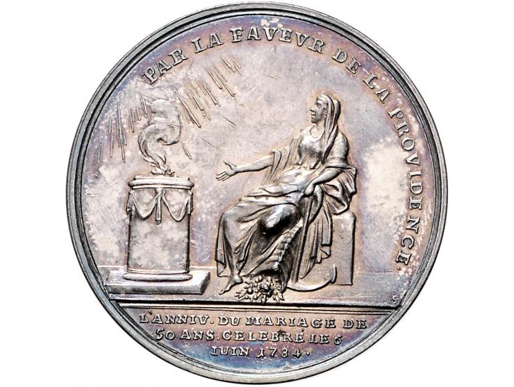 Historiepenningen 1782. 50-jarig huwelijk van A.M. Moliere en M.E. Veron - VZ borstbeelden naar rechts / KZ vrouw met hoorn d