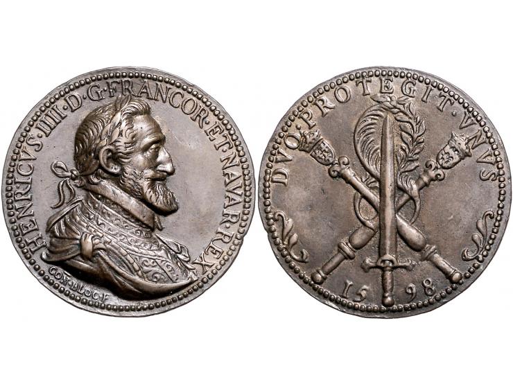 Historiepenningen penningen, 15981598 France - Unification of Two Kingdoms by Coenraad Bloc (signed in obverse exergue). Obve
