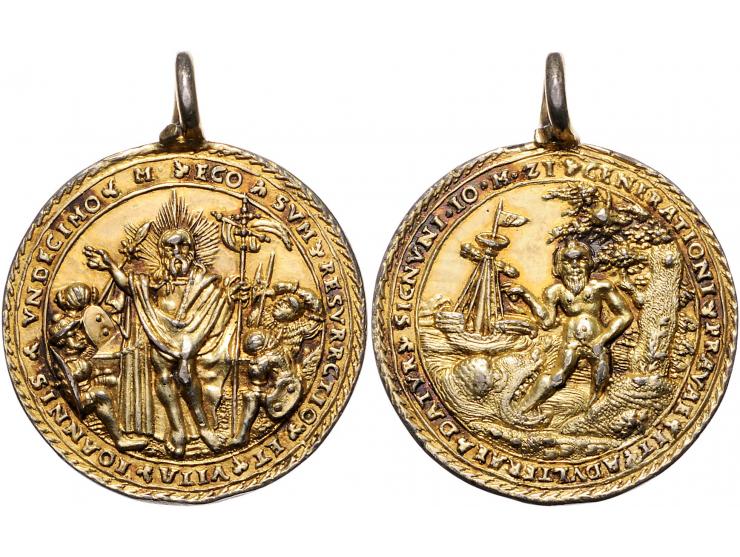 Historiepenningen medal n.d. in gilded silver (16th century) - Obv: Jonas brought ashore / Rev: resurrection of Christ, with 
