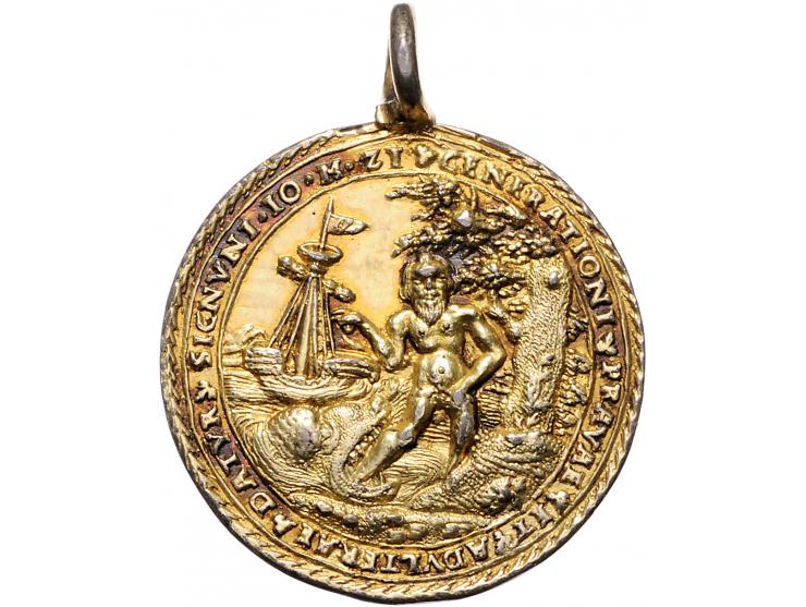 Historiepenningen medal n.d. in gilded silver (16th century) - Obv: Jonas brought ashore / Rev: resurrection of Christ, with 