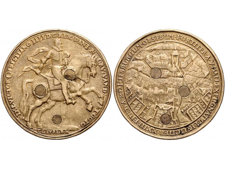 Historiepenningen Denmark, medal 1612 in brass, Elfsborg taken by the Danish King - Obv: king on horse / Rev: view of the bat