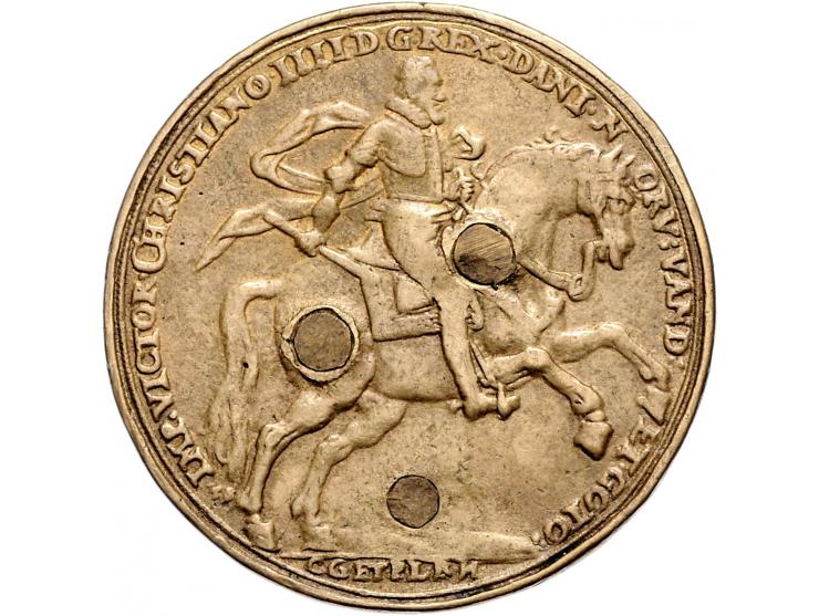Historiepenningen Denmark, medal 1612 in brass, Elfsborg taken by the Danish King - Obv: king on horse / Rev: view of the bat