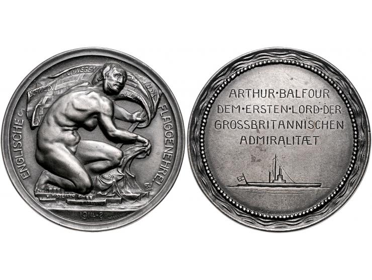 Germany before and after 1945 1914, by Eberbach,medal. (obv.) Woman, naked, kneeling right, facing back left, over a number o