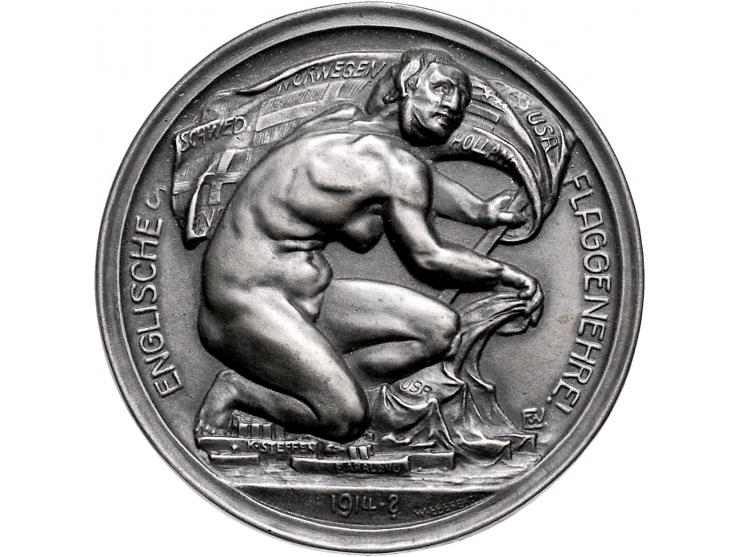 Germany before and after 1945 1914, by Eberbach,medal. (obv.) Woman, naked, kneeling right, facing back left, over a number o