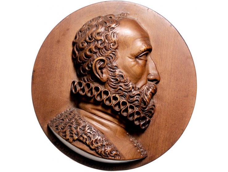 Historiepenningen (1600) Orthelius, gesneden in hout, gesigneerd F.S. 89,5mm PR