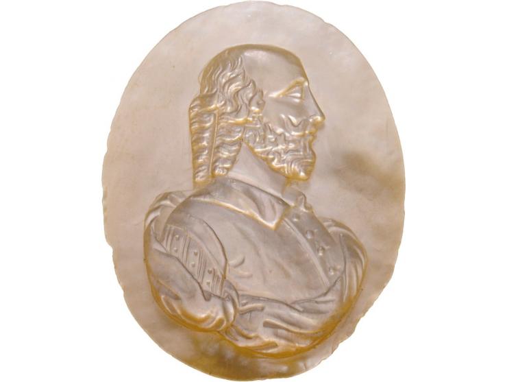 Historiepenningen Shakespeare, eenzijdig gesneden in parelmoer, onbekende datering en kunstenaar. 36x46mm PR