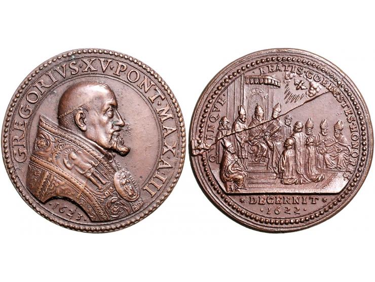Historiepenningen Gregorius XV (1621-23), reception of the pelgrims, medal yr. 3 in bronze - Obv: bust right / Rev: two figur
