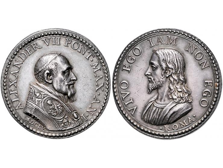 Historiepenningen Papal States, Alexander VII (1655-67), medal 1655 in silver - Obv: bust right / Rev: bust of Christ left, b