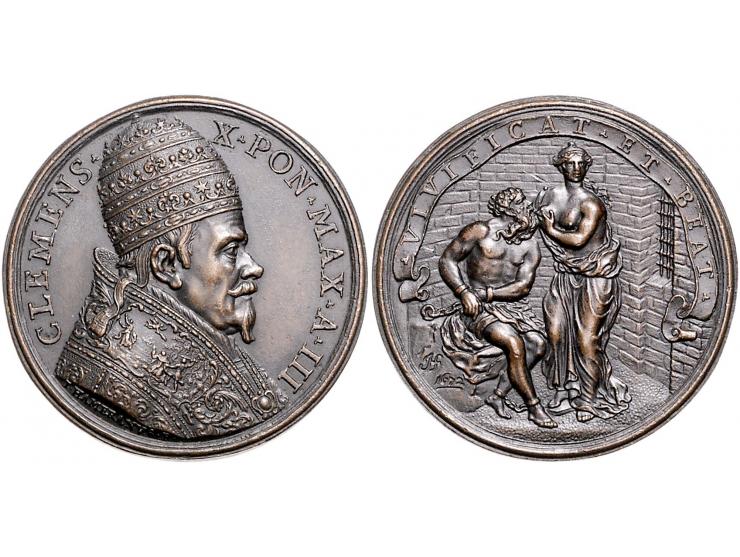 Historiepenningen Papal States, Clemens X (1670-76), medal yr. 3 in bronze, Roman charity - Obv: bust left / Rev: female suck