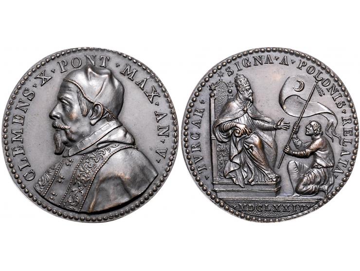 Historiepenningen Papal States, Clemens X (1670-76), medal yr. 5 in bronze, captured Turkish standards sent to Rome - Obv: bu