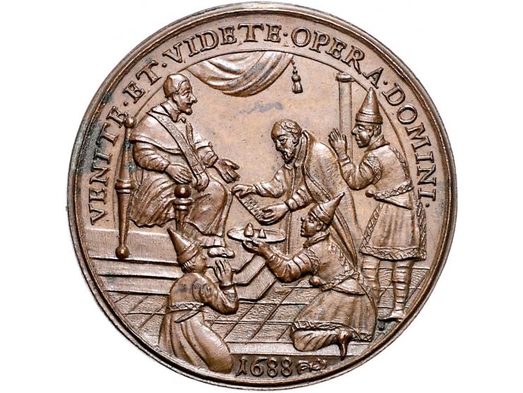 Historiepenningen Innocent XI (1676-89), medal 1688 in bronze, Tongkin Ambassadors - Obv: bust right / Rev: ambassadors in fr