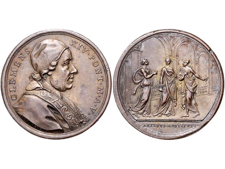 Historiepenningen Clemens XIV (1769-74), medal yr. 5 in bronze - Obv: bust right / Rev: three female figures, by F. Cropanese