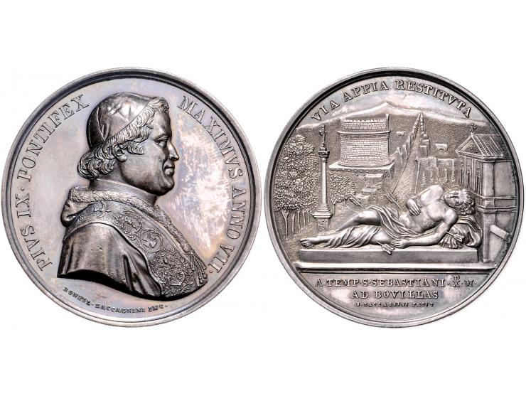 Historiepenningen Pius IX, medal yr. 7 in silver, the restoration of the Via Appia monuments - Obv: bust right, by B. Zaccagn