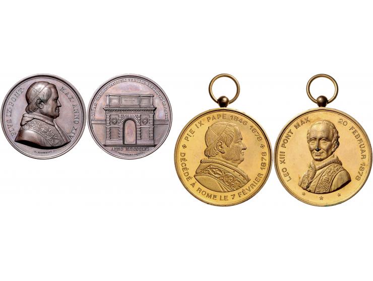 Historiepenningen Papal States, Pius IX medal 1856/yr. 14 in bronze and medal 1878 in gilt bronze EF
