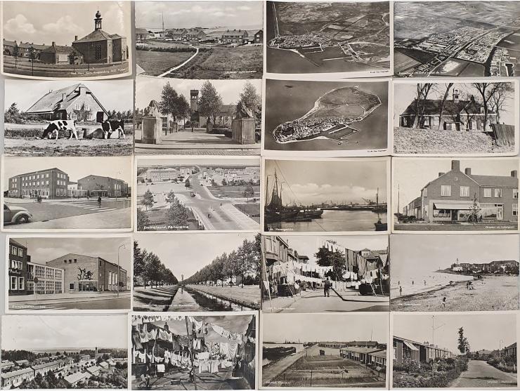 Ruim 125(handgeteld) ansichtkaarten Flevoland. Meest na 1940. Deel van een grotere collectie. Zie ook andere kavels. Box