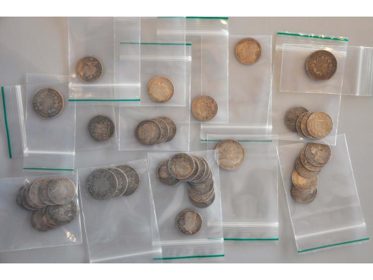 France Napoleon I - Louis Philippe 2 francs (6x) and 1 franc (39x), G-VG, in small box