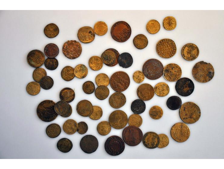 German States penningen, Nuremburg (mostly) rechenpfennige, lot of 57 in box