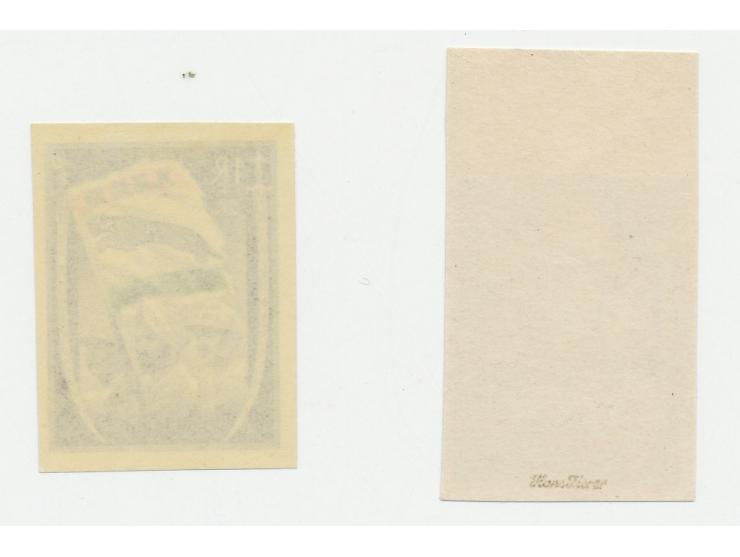 1941, 1+2 Rupees proof in black on card paper with text on reverse and proof in dark violet, orange and emerald green. Added 