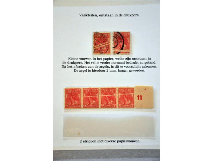 5 cent rood, strippen van 4 en 5 met harmonicavouwen, tevens 2 gebruikte zegels met harmonicavouwen, pracht ex.