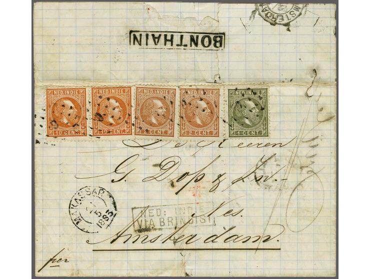 1 cent grijsgroen type II, 2 cent roodbruin (2x) en 10 cent oranjebruin in paar op complete vouwbrief van Bonthain (langstemp