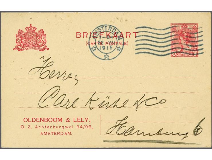 Particuliere briefkaart 5 cent Bontkraag OLDENBOOM & LELY, O.A, Achterburgwal 94/96, AMSTERDAM. Amsterdam-Hamburg (1915), pra