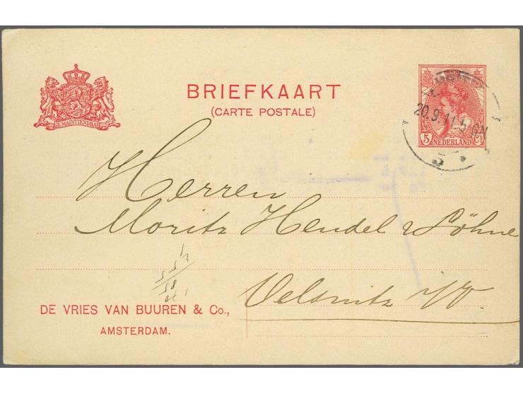 Particuliere briefkaart 5 cent Bontkraag DE VRIES VAN BUUREN & Co., AMSTERDAM. Amsterdam-Oelsnitz (1911), pracht ex.
