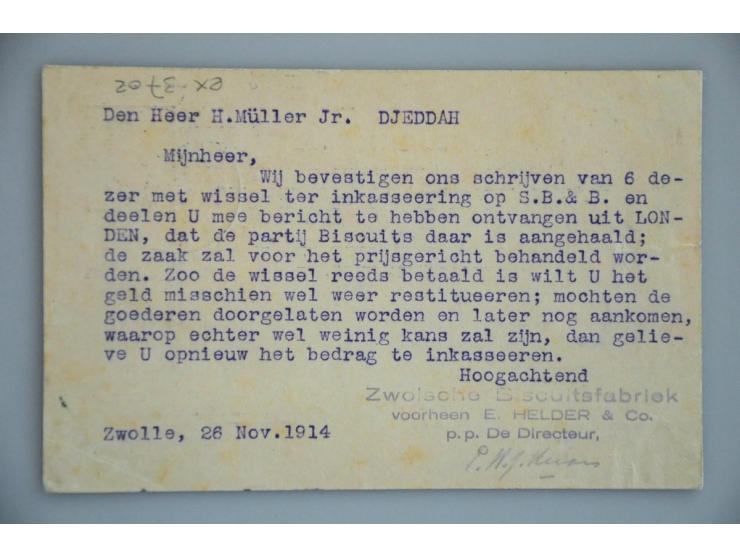 Particuliere briefkaart 5 cent Bontkraag ZWOLSCHE BISCUITSFABRIEK v/h onder de firma E. Helder & Co., ZWOLLE. van Zwolle naar