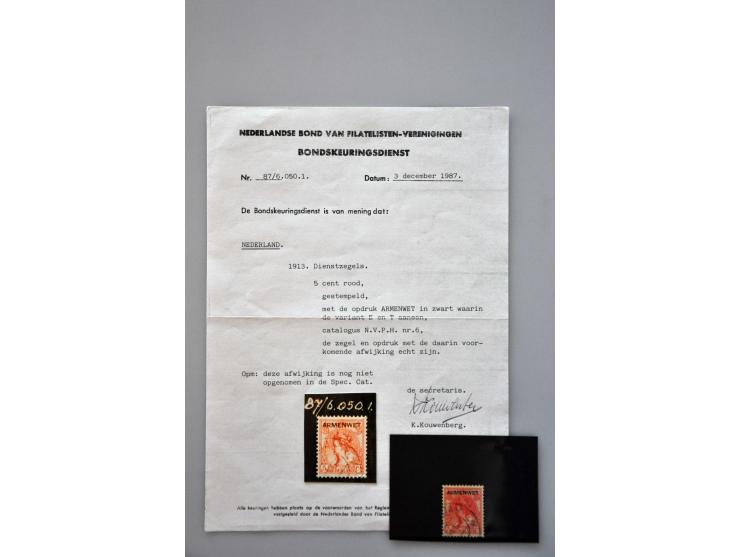Opdruk ARMENWET op 5 cent rood met velrandkenmerken (w.b. 2e oplage juni 1917), rechterpoot afgebroken (pos. 98 en pos. 111),
