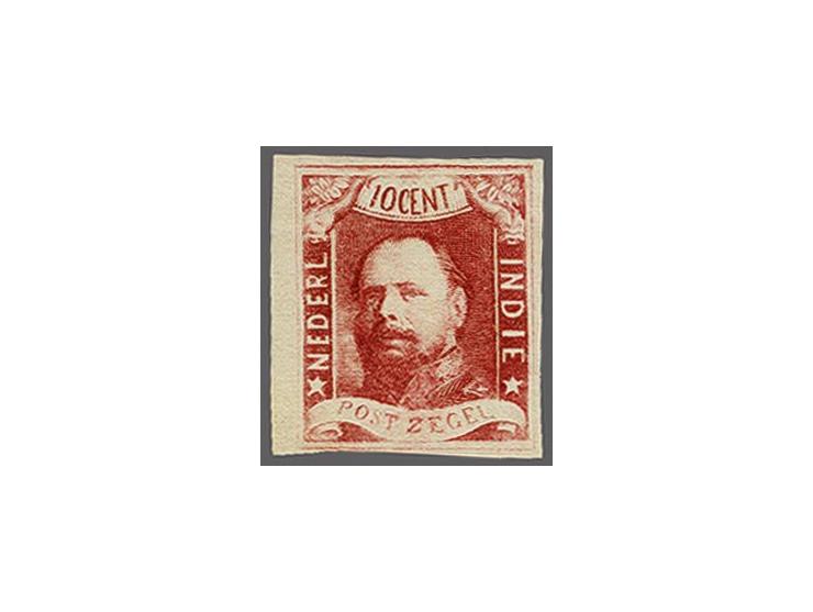 Afdruk van het niet-geretoucheerde stempel op dun papier van de 10 cent in donkerkarmijn pos. 1 met velrand, pracht ex. met c
