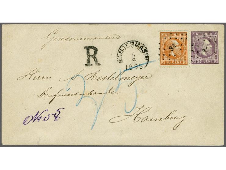 10 cent oranjebruin op aangetekende envelop G. 3 met puntstempel 31 - Banjermasin - (SvL 50) 4-9-1885 over Weltevreden naar H