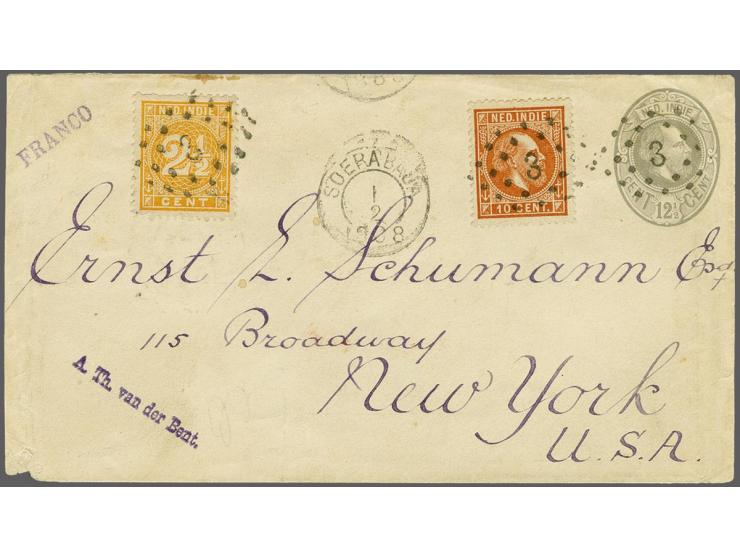 10 cent oranjebruin en Cijfer 2½ cent oranjegeel op envelop G. 7 van Soerabaja 1-2-1888 naar New York, pracht ex. (enkele kre