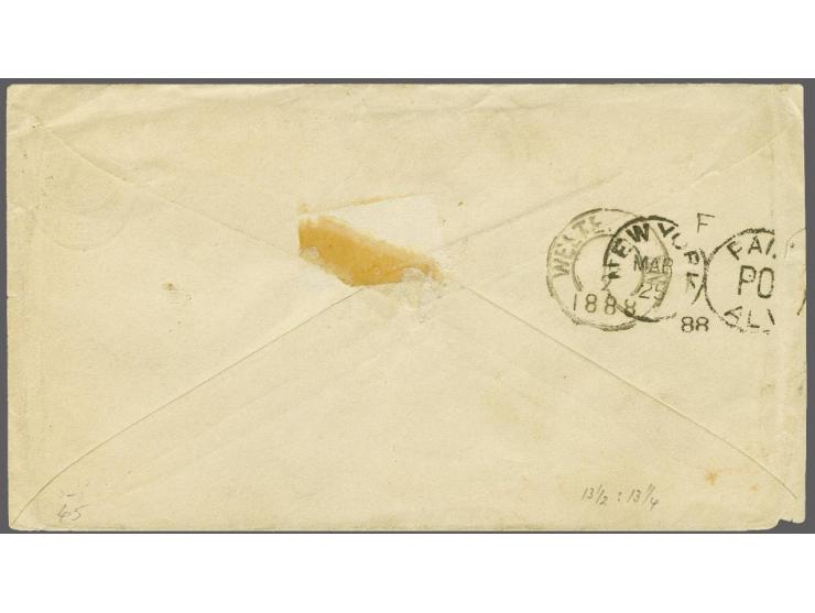 10 cent oranjebruin en Cijfer 2½ cent oranjegeel op envelop G. 7 van Soerabaja 1-2-1888 naar New York, pracht ex. (enkele kre