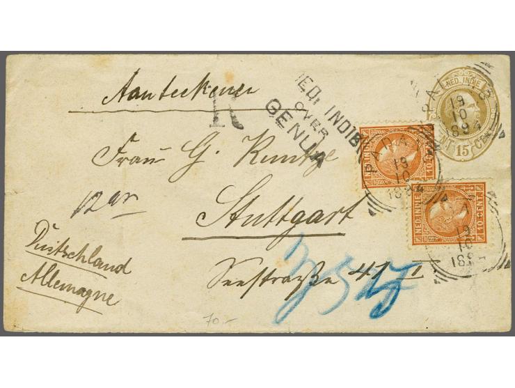 10 cent oranjebruin op aangetekende envelop G. 8 van Padang 19-10-1889 over Genua naar Stuttgart (D), vrijwel pracht ex. (env