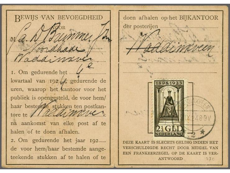 2½ gulden zwartbruin op Bewijs van Bevoegdheid te Waddinxveen 15-9-1924, pracht ex.