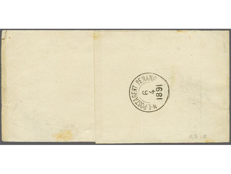 10 cent oranjebruin tanding 12½ x 12 grote gaten op krantenwikkel van de Deli Courant van Medan 5-4-1891 naar Stettin (D), pr