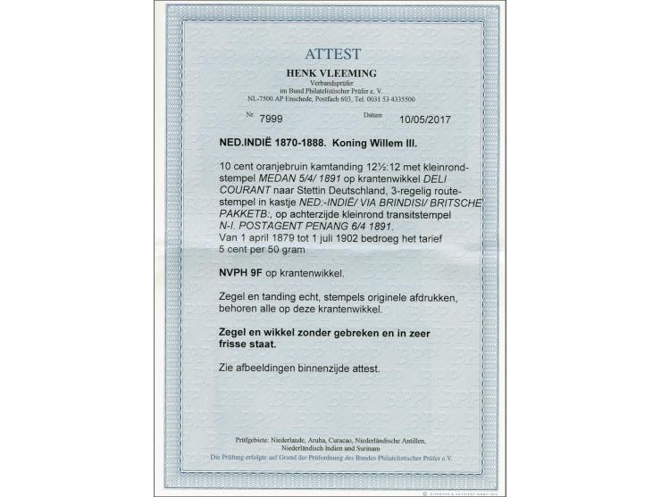 10 cent oranjebruin tanding 12½ x 12 grote gaten op krantenwikkel van de Deli Courant van Medan 5-4-1891 naar Stettin (D), pr