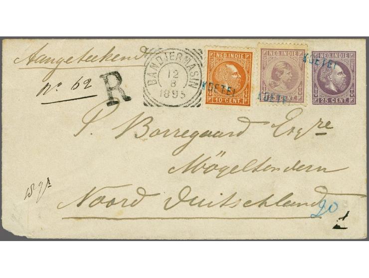 10 cent oranjebruin tanding 12½ grote gaten en Hangend Haar 25 cent lila op aangetekende envelop G. 3a van Koetei (langstempe