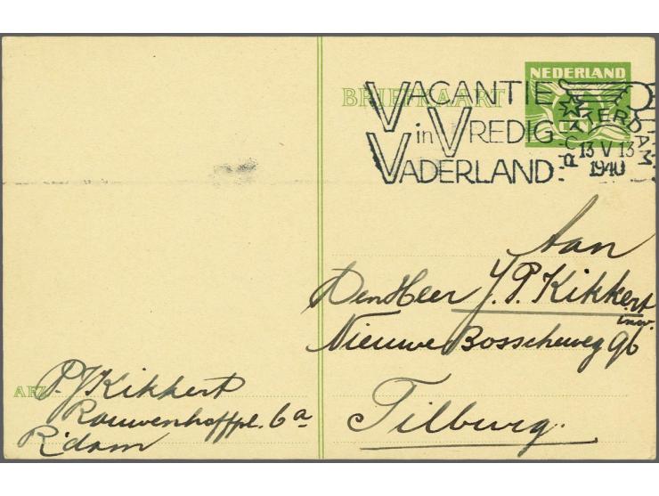 Briefkaart 3 cent groen Lebeau met vlagstempel Vacantie in Vredig Vaderland Rotterdam 13 V 1940 (bombardement vond 14 mei pla