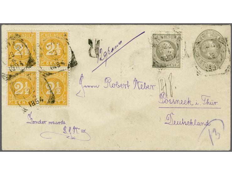 12½ cent grijs en Cijfer 2½ cent oranjegeel in blok van 4 op aangetekende envelop G. 7 van Malang 23-4-1894 over Singapore na