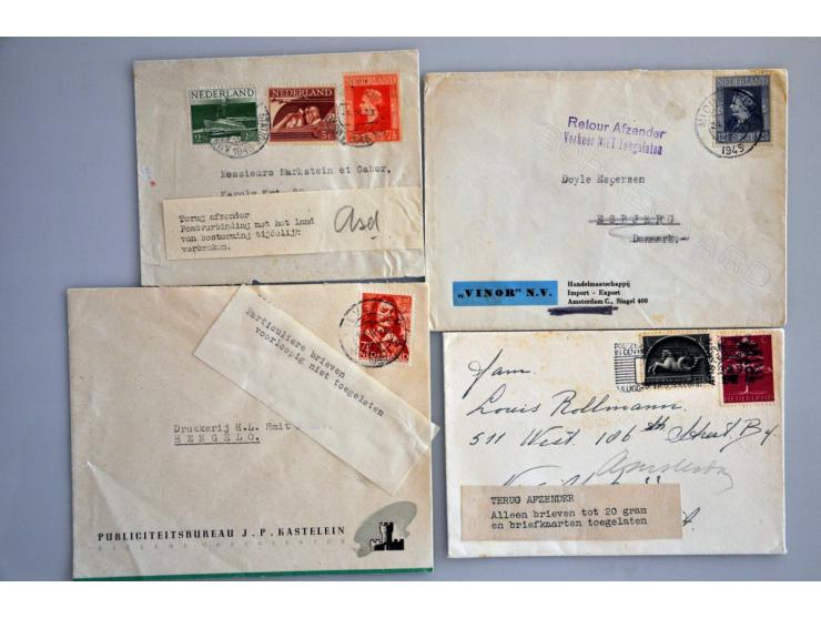 16 retour gezonden poststukken mei 1945 w.b. gestencilde stroken Particuliere brieven/ voorlopig niet toegelaten, Terug aan d