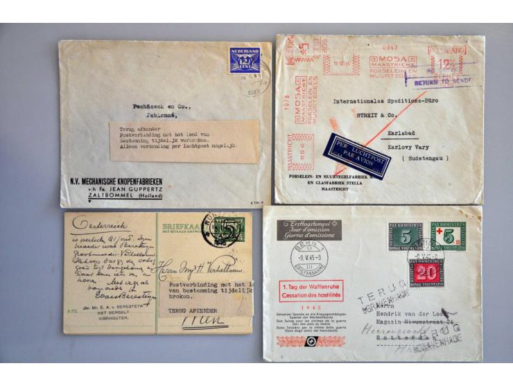 16 retour gezonden poststukken mei 1945 w.b. gestencilde stroken Particuliere brieven/ voorlopig niet toegelaten, Terug aan d