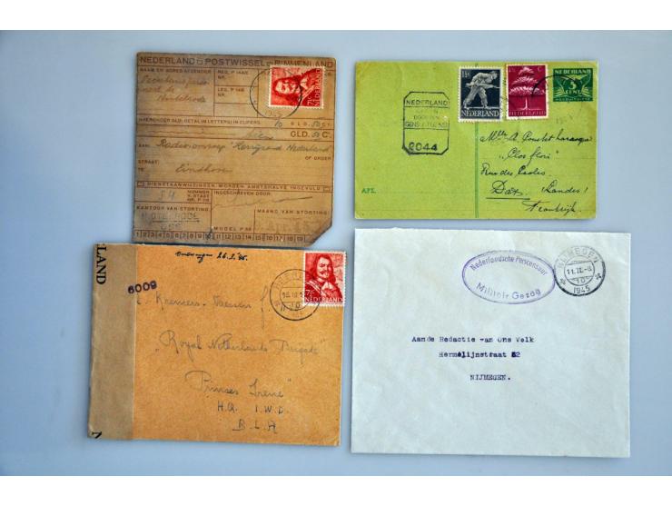 60 poststukken 1945, alle commercieel met open 4 w.b. (gevlekte) postwissel Nistelrode (N.B.), Nijmegen 10 met ovaal Nederlan