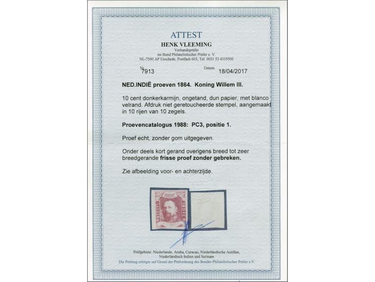 Afdruk van het niet-geretoucheerde stempel op dun papier van de 10 cent in donkerkarmijn pos. 1 met velrand, pracht ex. met c