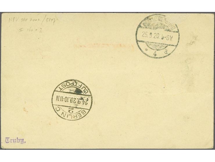 Briefkaart 5 cent per luchtdienst Amsterdam 23.9.20-Bremen-Berlijn, aankomststempel  24.9.20 aangetekend verzonden met 12½ ce