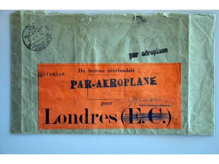 Luchtpostpochette Du bureau Neerlandais pour Londres (E.C.) met E.C. gewijzigd in province, verzonden vanuit Rotterdam met na