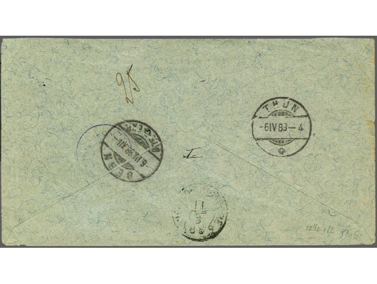 25 cent donkerpaars met puntstempel 115 - Tandjong Balei - (SvL R) op envelop 8-3-1889 naar Thun (CH) met routestempel Ned:In