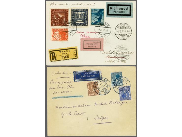 Vlucht Amsterdam-Bandoeng 12-12-1929, R-kaart Oostenrijkse post naar Batavia met strook onbekend en retour en envelop Amsterd