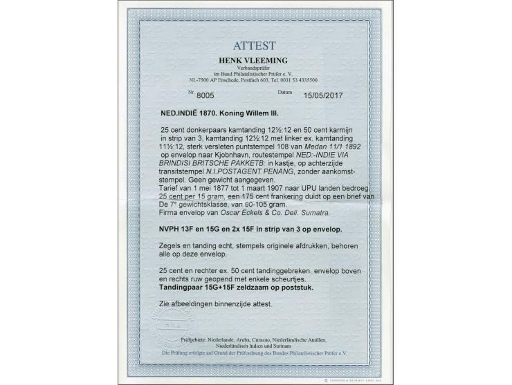 25 cent donkerpaars tanding 12½ x 12 en 50 cent karmijn tanding 12½ x 12 in strip van 3 waarin tandingpaar 11½ x 12+12½ x 12 