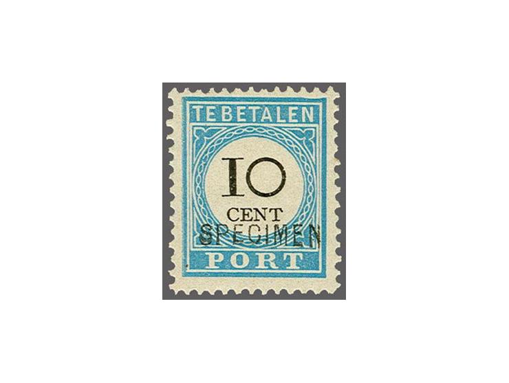 10 cent lichtblauw tanding 12½ x 12 type II met Specimen, originele spikkeltjes in gom. In deze kwaliteit zeer zeldzaam!