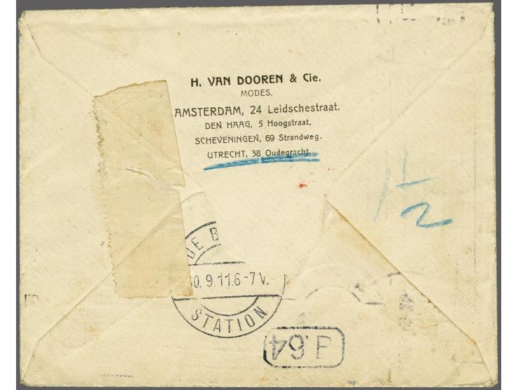 1½  cent donkerblauw op envelop van Utrecht 29-9-1911 naar De Bilt, doorgezonden naar Montreux (CH) alwaar beport en geweiger